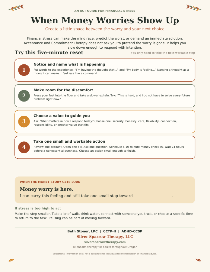 Preview of the When Money Worries Show Up handout, with four steps for a five-minute reset